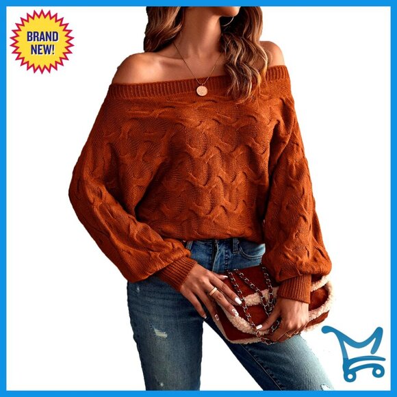 Sweaters - Off Shoulder Knit Sweater Long Sleeve Pullover Y2K Chic Vintage Brunch Outfit